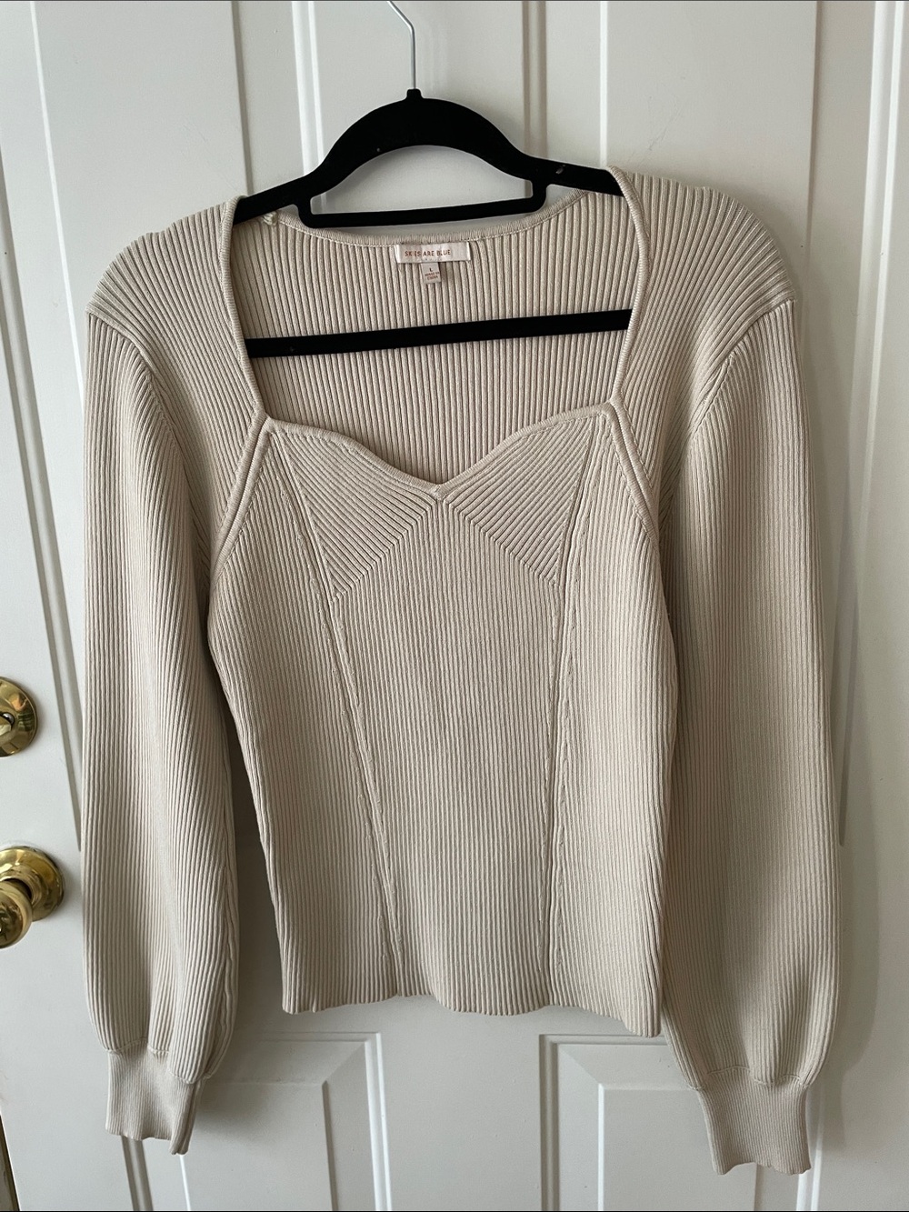 Skies Are Blue Cream Ribbed Sweetheart Crew Sweater Size L